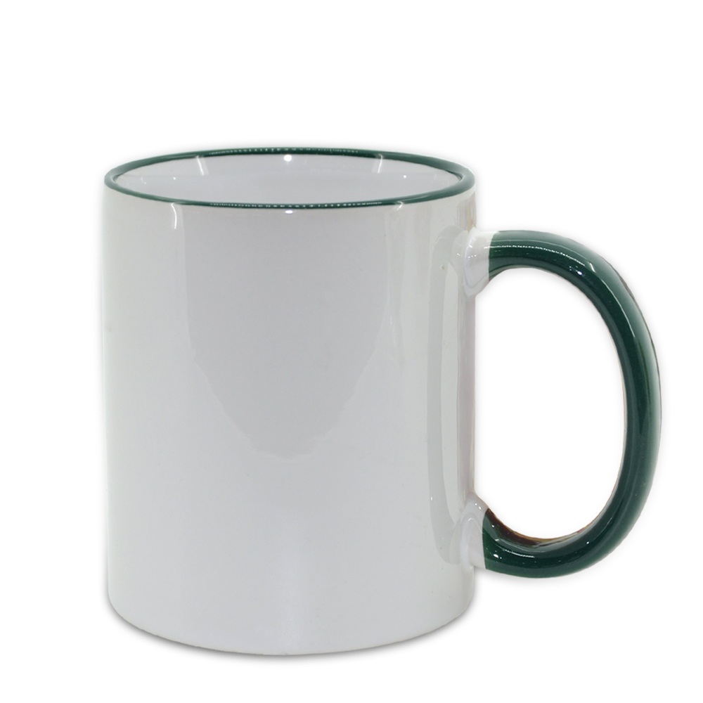 Кружка керамическая белая, зеленые  ободок и ручка, субл.печать, Ø82 мм х 95 мм, 330 мл